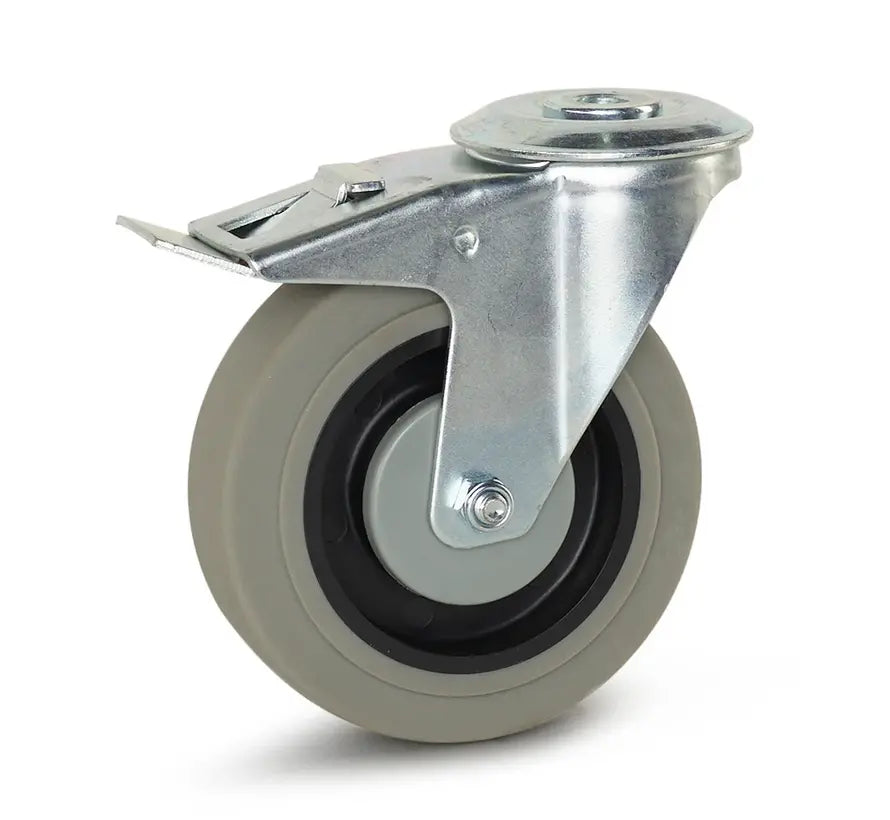 Grijs Rubber zwenkwiel geremd met centraal gat - 125mm - 180kg
