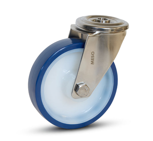 Blauw PU RVS zwenkwiel met boutgat -125mm - 220kg