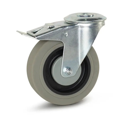 Grijs Rubber zwenkwiel geremd met centraal gat - 125mm - 180kg