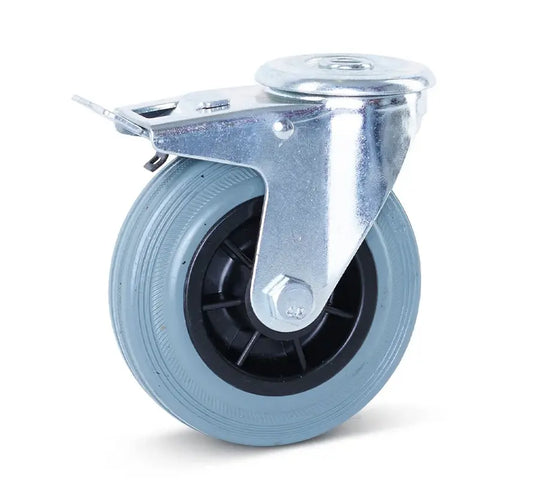 Grijs rubber zwenkwiel geremd met centraal gat  - 125mm - 120kg - Streeploos