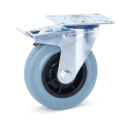Grijs rubber zwenkwiel geremd met topplaat - 125mm - 120kg - Streeploos