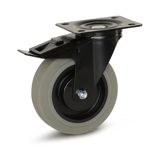 Grijs Rubber zwenkwiel zwarte behuizing geremd met topplaat - 125mm - 180kg