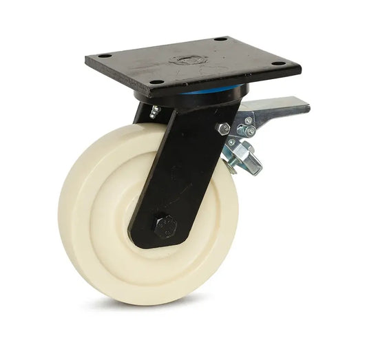 Nylon extra zwaarlast zwenkwiel geremd met topplaat - 200mm - 1.300kg