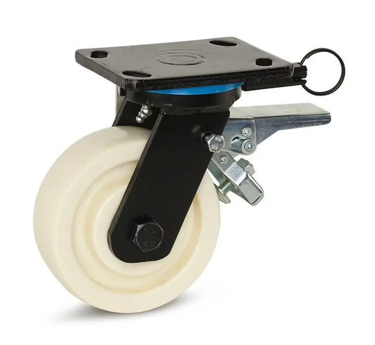 Nylon extra zwaarlast zwenkwiel geremd met topplaat en richtingvastzetter 150mm - 1.000kg