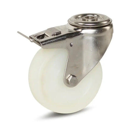 Nylon RVS zwenkwiel geremd met centraal gat - 100mm - 180kg