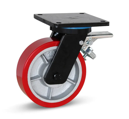 PU extra zwaarlast zwenkwiel geremd met topplaat - 200mm - 1400kg