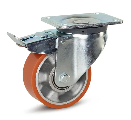 PU zwaarlast zwenkwiel geremd met topplaat - 125mm - 500kg